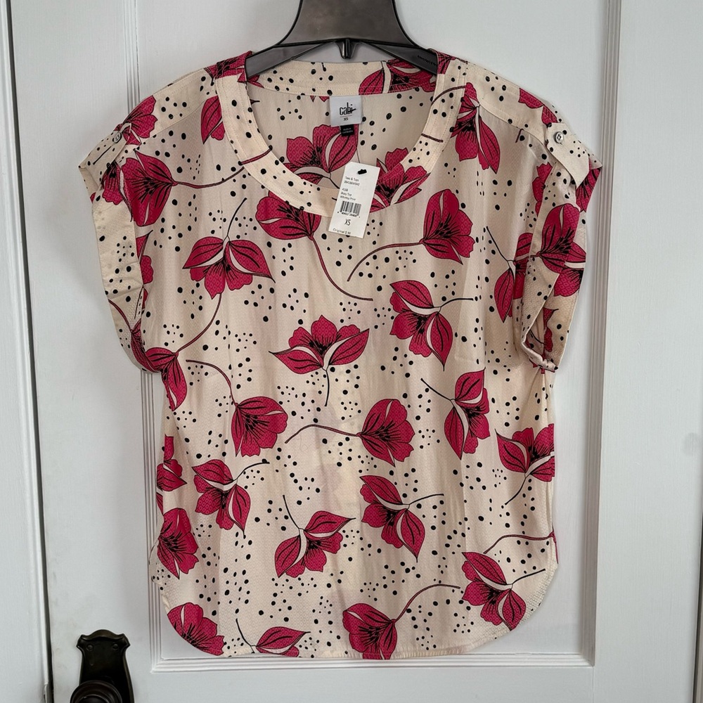NWT CABI | Cream Pink Floral Top Blouse Shirt Whimsy Print Short Sleeve